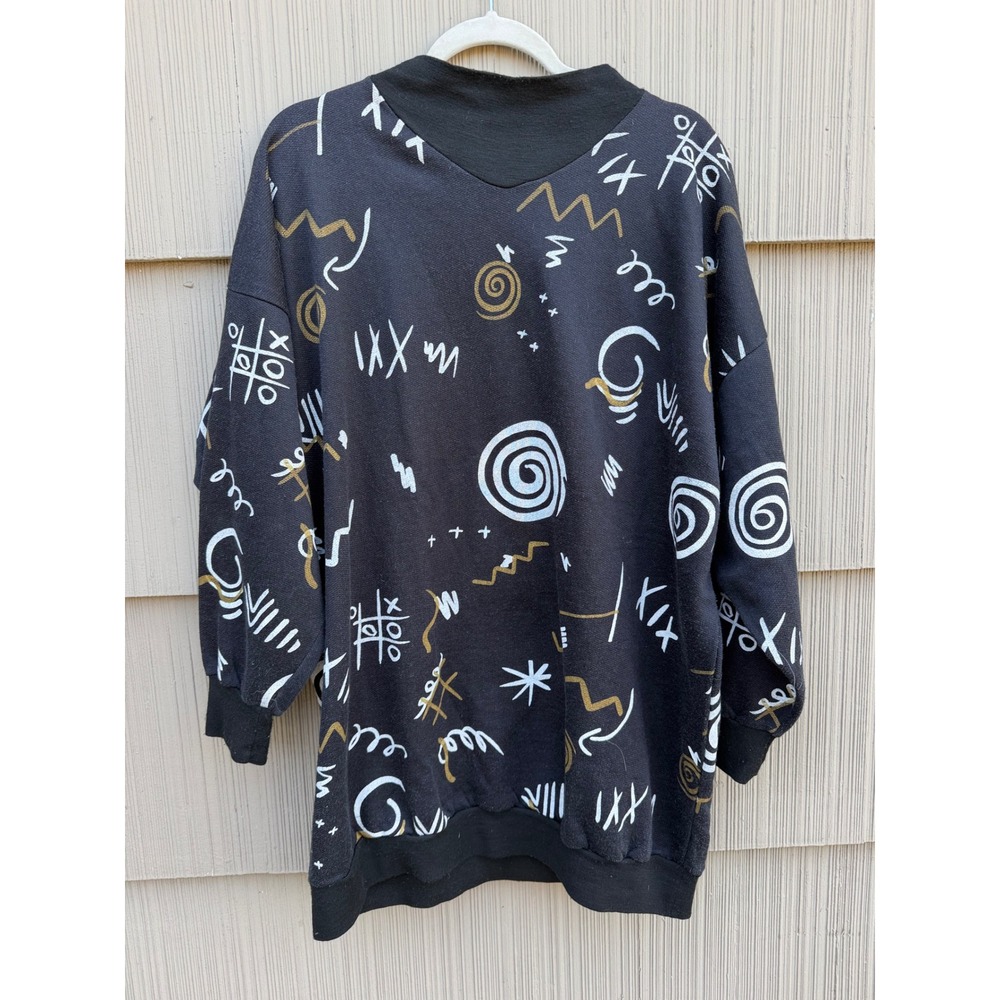 Vintage 80s Memphis Art Abstract Doodle Sweatshirt XL Black Made in Italy Tunic